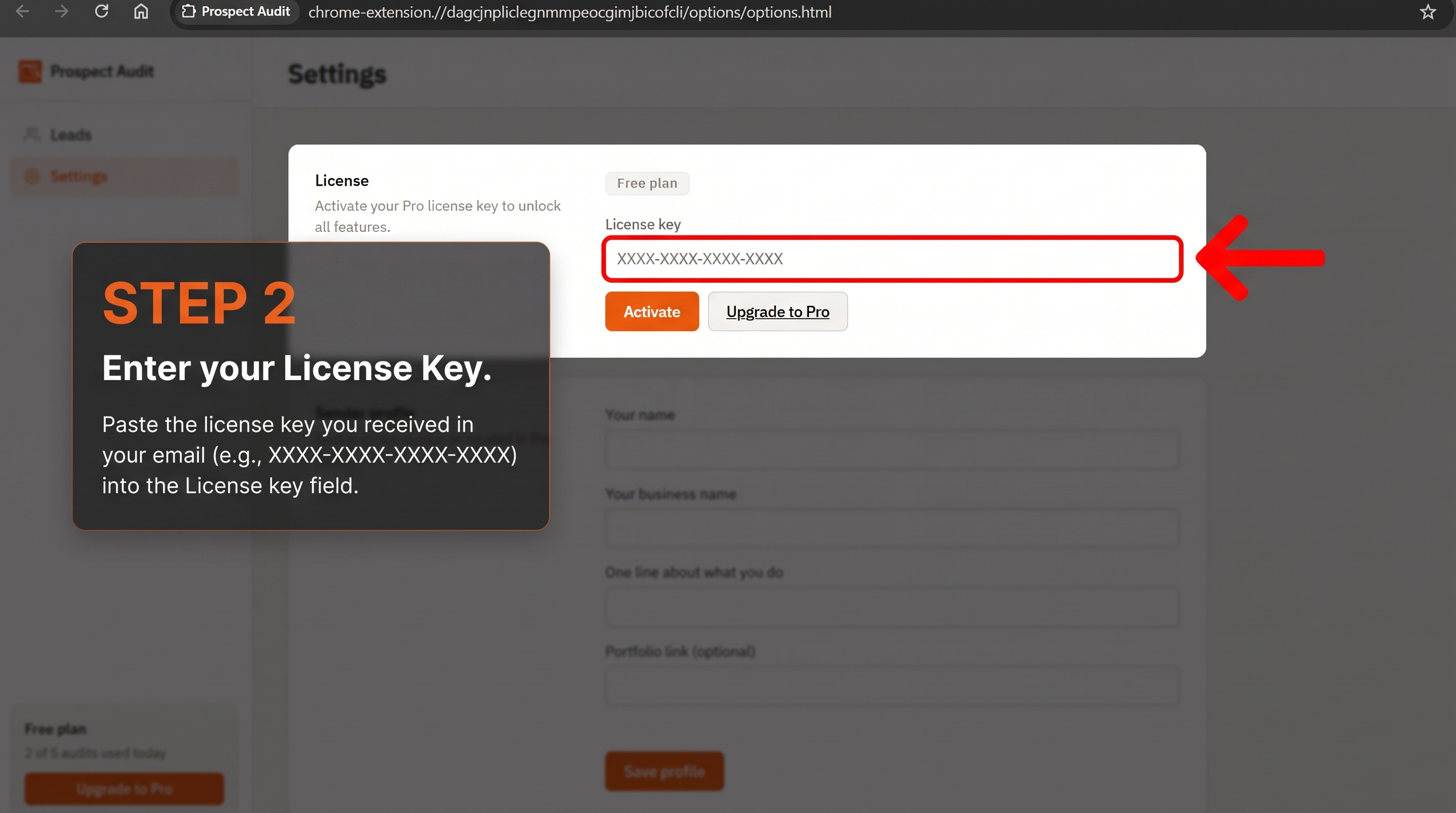 Settings page with license key field