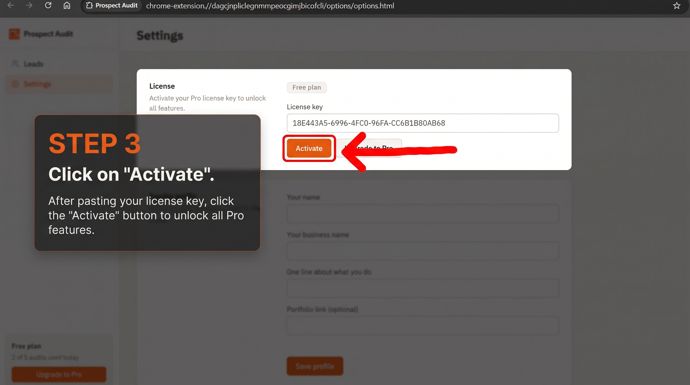 License key pasted in field with Activate button