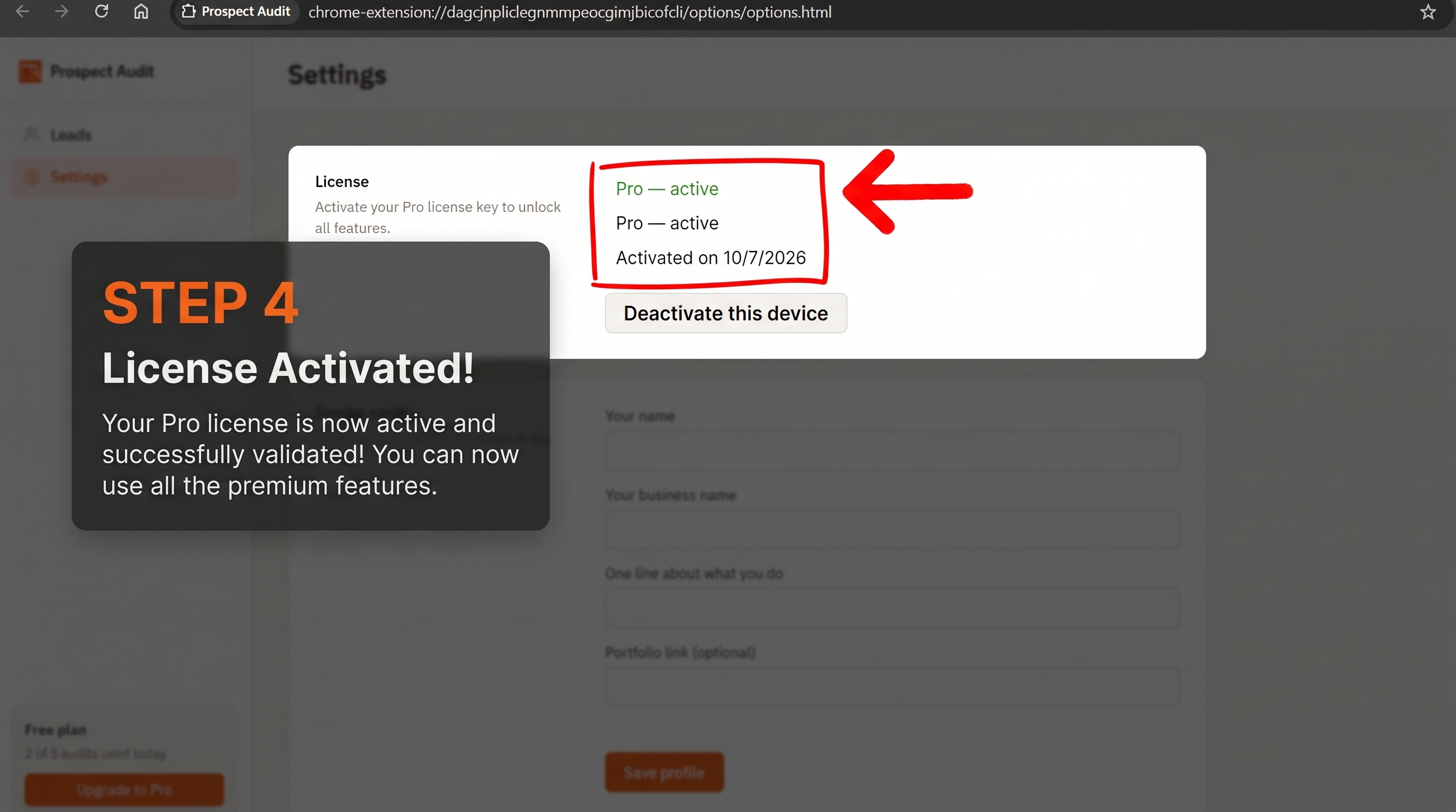 Pro activated confirmation screen